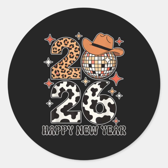 Happy New Year 2026 Cowgirl Disco Ball Western Leo Classic Round Sticker (Front)