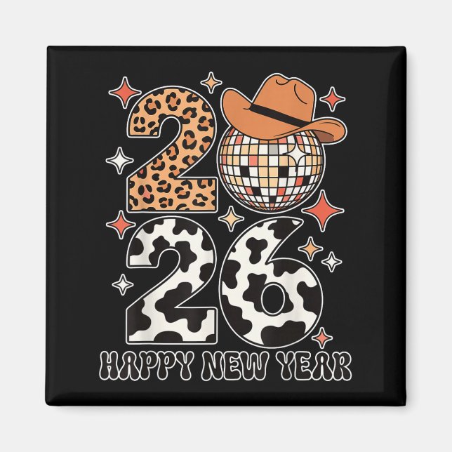 Happy New Year 2026 Cowgirl Disco Ball Western Leo Magnet (Front)
