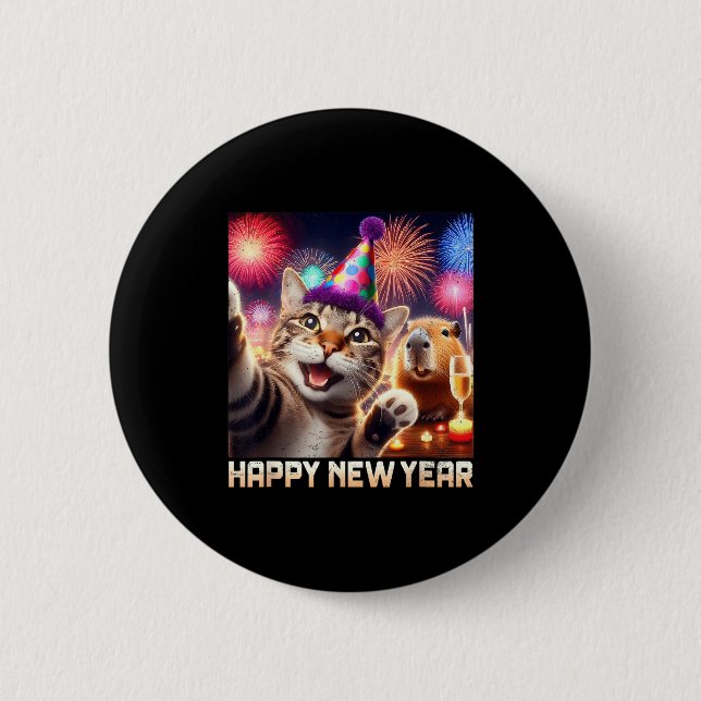 Happy New Year 2026 Cute Cat Capybara Party Art  6 Cm Round Badge (Front)