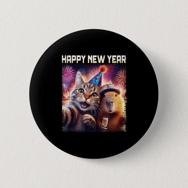 Happy New Year 2026 Cute Cat Capybara Party Art  6 Cm Round Badge (Front)