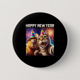 Happy New Year 2026 Cute Cat Capybara Party Art  6 Cm Round Badge