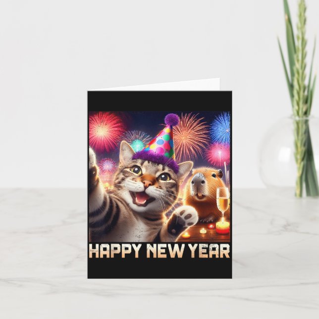 Happy New Year 2026 Cute Cat Capybara Party Art  Card (Front)