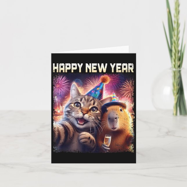 Happy New Year 2026 Cute Cat Capybara Party Art  Card (Front)