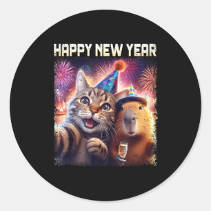 Happy New Year 2026 Cute Cat Capybara Party Art  Classic Round Sticker