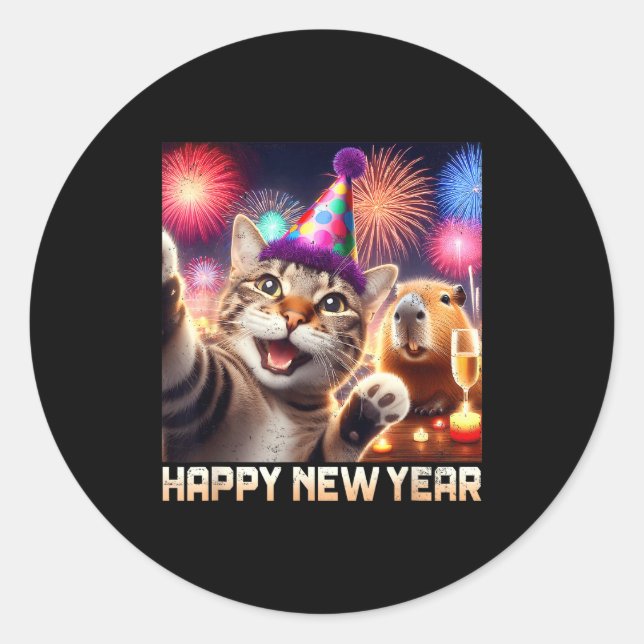 Happy New Year 2026 Cute Cat Capybara Party Art  Classic Round Sticker (Front)