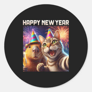 Happy New Year 2026 Cute Cat Capybara Party Art  Classic Round Sticker