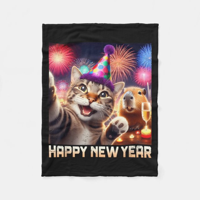 Happy New Year 2026 Cute Cat Capybara Party Art  Fleece Blanket (Front)