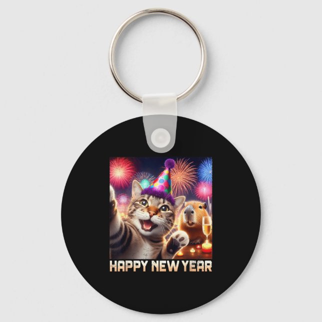 Happy New Year 2026 Cute Cat Capybara Party Art  Key Ring (Front)