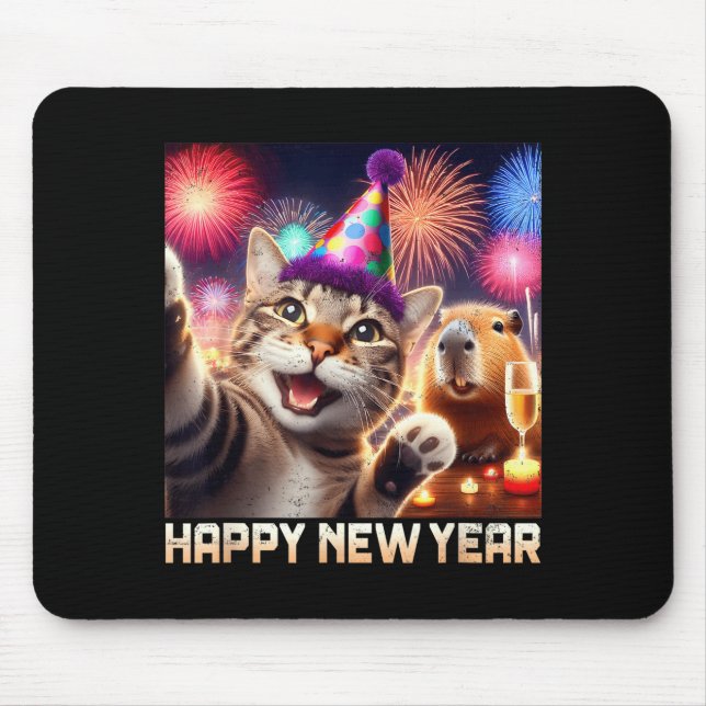Happy New Year 2026 Cute Cat Capybara Party Art  Mouse Mat (Front)