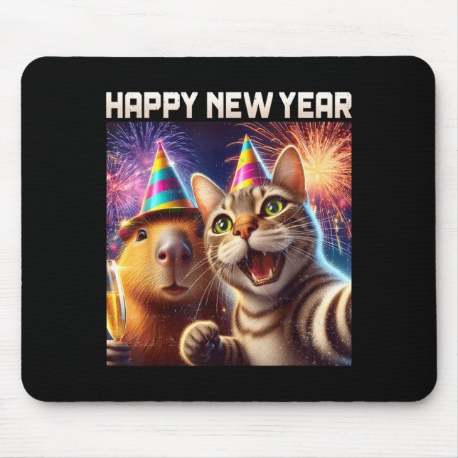 Happy New Year 2026 Cute Cat Capybara Party Art  Mouse Mat (Front)