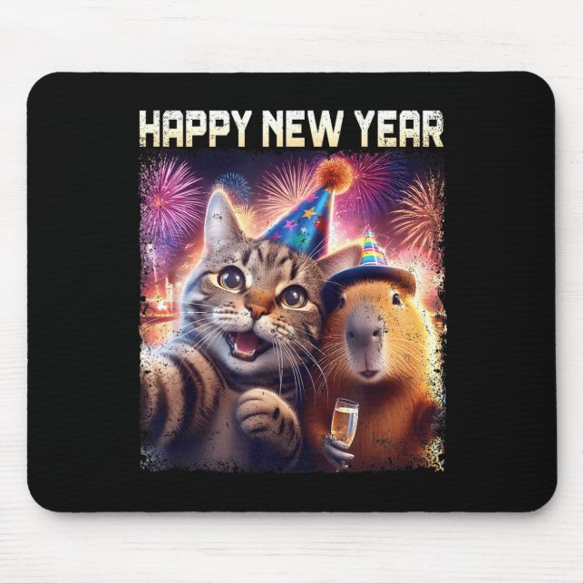 Happy New Year 2026 Cute Cat Capybara Party Art  Mouse Mat (Front)