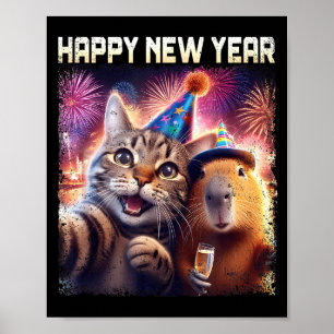 Happy New Year 2026 Cute Cat Capybara Party Art Poster