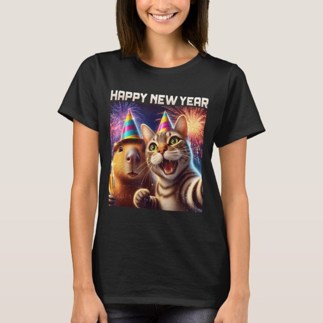 Happy New Year 2026 Cute Cat Capybara Party Art  T-Shirt (Front)