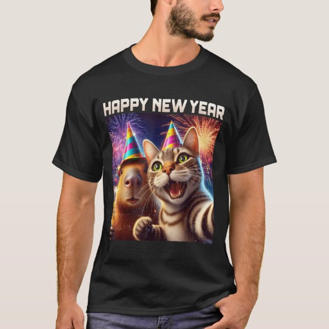 Happy New Year 2026 Cute Cat Capybara Party Art  T-Shirt (Front)