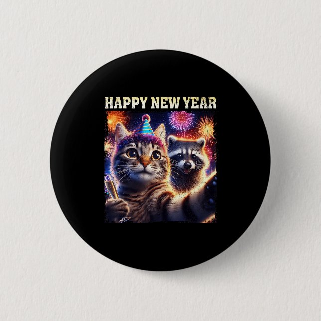 Happy New Year 2026 Cute Cat Raccoon Celebration  6 Cm Round Badge (Front)