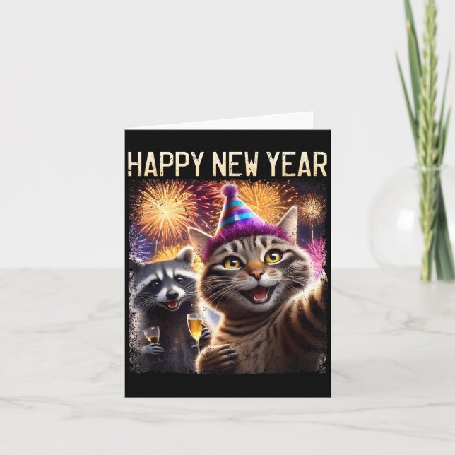 Happy New Year 2026 Cute Cat Raccoon Celebration  Card (Front)