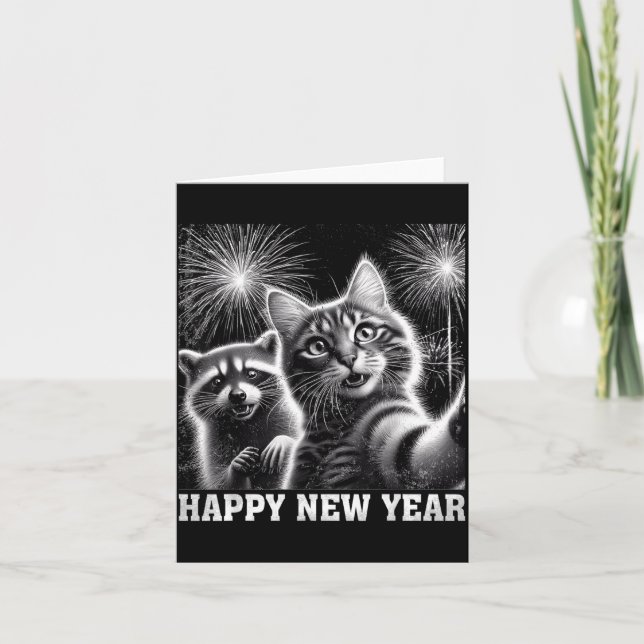 Happy New Year 2026 Cute Cat Raccoon Celebration  Card (Front)