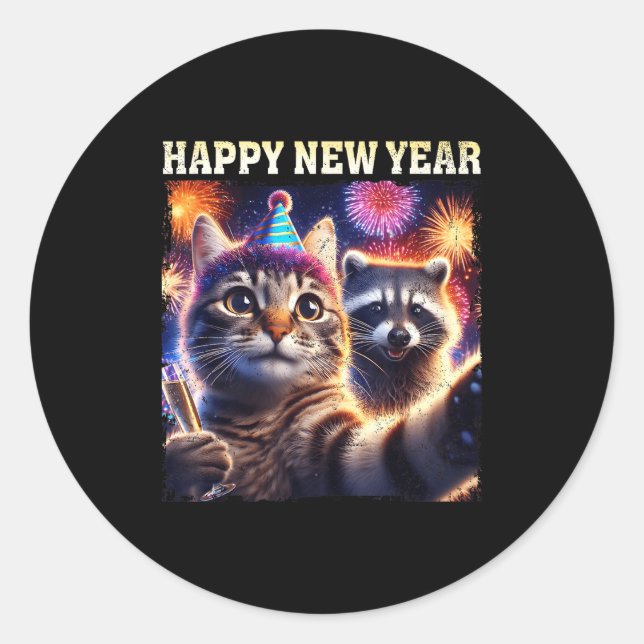 Happy New Year 2026 Cute Cat Raccoon Celebration  Classic Round Sticker (Front)