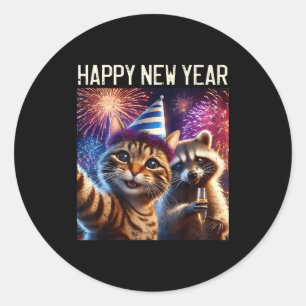 Happy New Year 2026 Cute Cat Raccoon Celebration  Classic Round Sticker