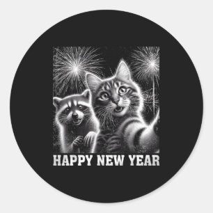 Happy New Year 2026 Cute Cat Raccoon Celebration  Classic Round Sticker