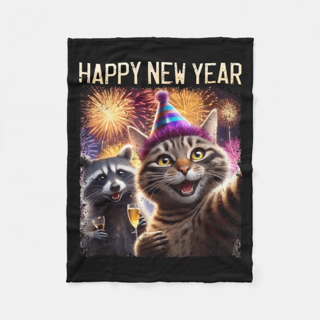 Happy New Year 2026 Cute Cat Raccoon Celebration  Fleece Blanket (Front)
