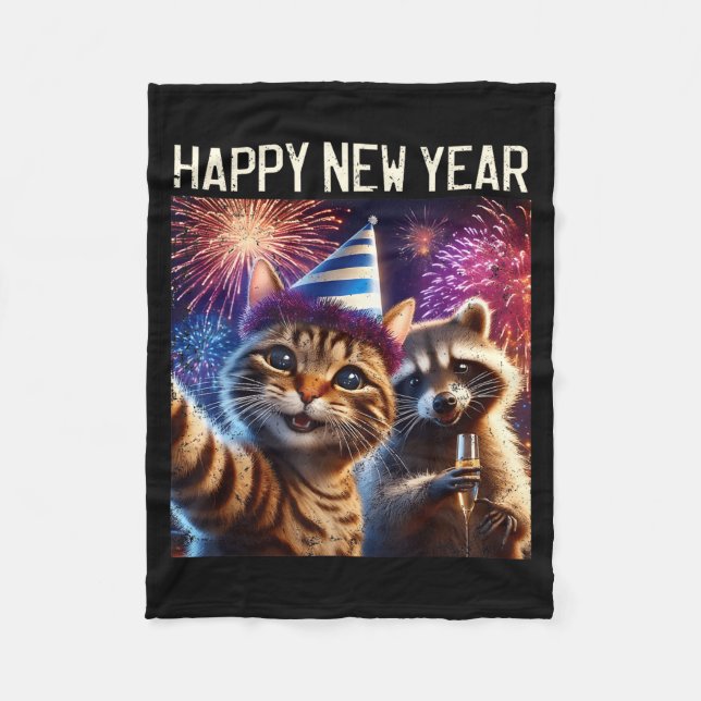 Happy New Year 2026 Cute Cat Raccoon Celebration  Fleece Blanket (Front)