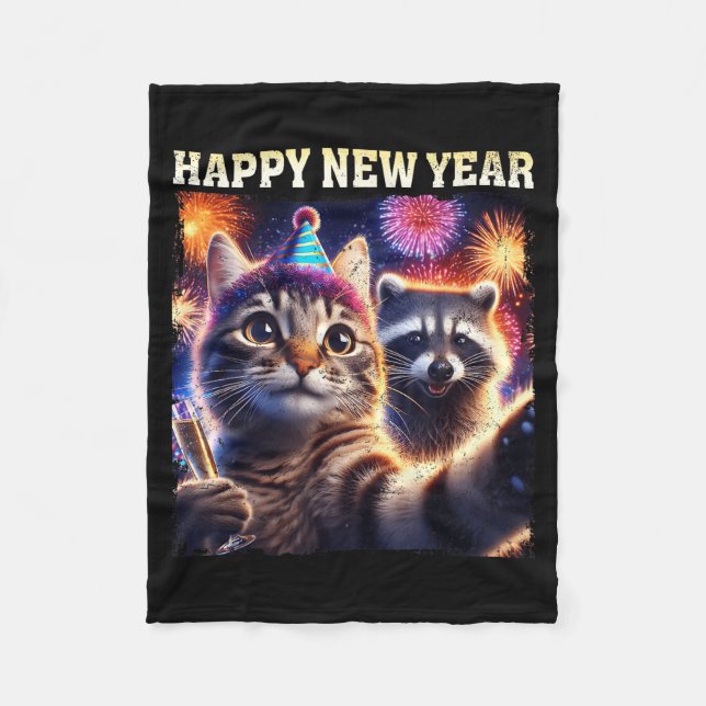 Happy New Year 2026 Cute Cat Raccoon Celebration  Fleece Blanket (Front)