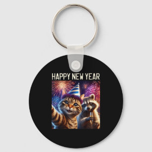 Happy New Year 2026 Cute Cat Raccoon Celebration  Key Ring