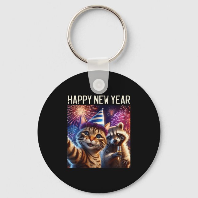 Happy New Year 2026 Cute Cat Raccoon Celebration  Key Ring (Front)