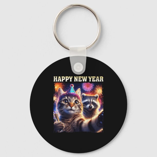 Happy New Year 2026 Cute Cat Raccoon Celebration  Key Ring (Front)