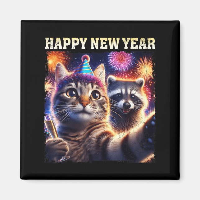 Happy New Year 2026 Cute Cat Raccoon Celebration  Magnet (Front)
