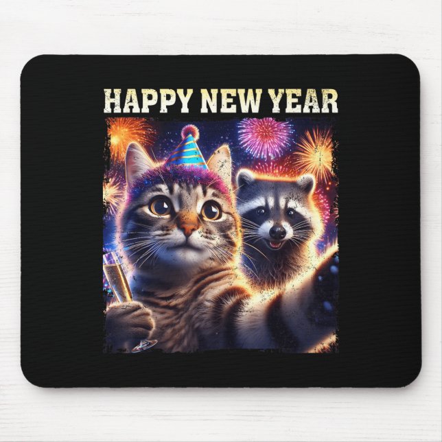 Happy New Year 2026 Cute Cat Raccoon Celebration  Mouse Mat (Front)