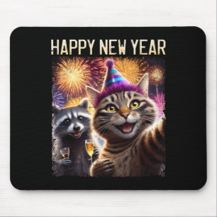 Happy New Year 2026 Cute Cat Raccoon Celebration  Mouse Mat