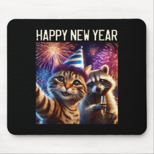 Happy New Year 2026 Cute Cat Raccoon Celebration  Mouse Mat