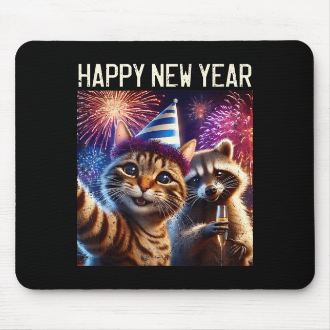 Happy New Year 2026 Cute Cat Raccoon Celebration  Mouse Mat (Front)