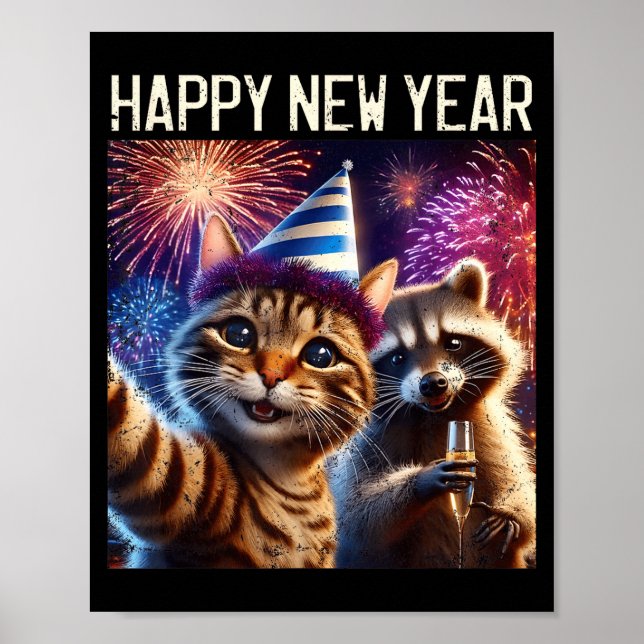 Happy New Year 2026 Cute Cat Raccoon Celebration  Poster (Front)