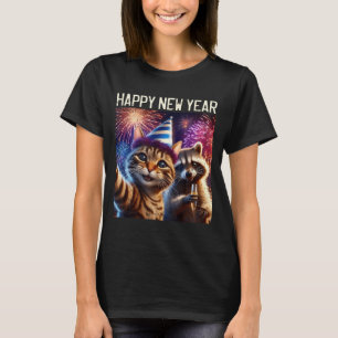 Happy New Year 2026 Cute Cat Raccoon Celebration T-Shirt