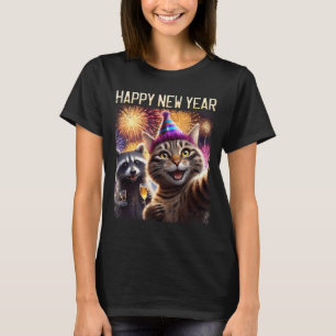 Happy New Year 2026 Cute Cat Raccoon Celebration T-Shirt