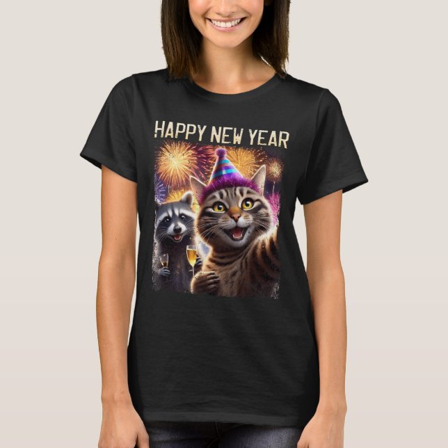 Happy New Year 2026 Cute Cat Raccoon Celebration  T-Shirt (Front)