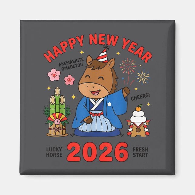 Happy New Year 2026 Cute Horse Japanese Celebratio Magnet (Front)