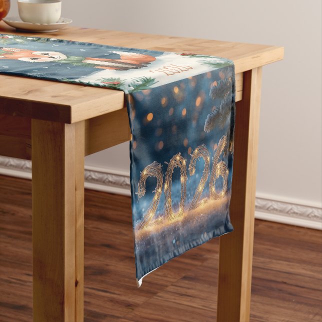 happy new year 2026 cute winter fox holiday short table runner (In Situ)