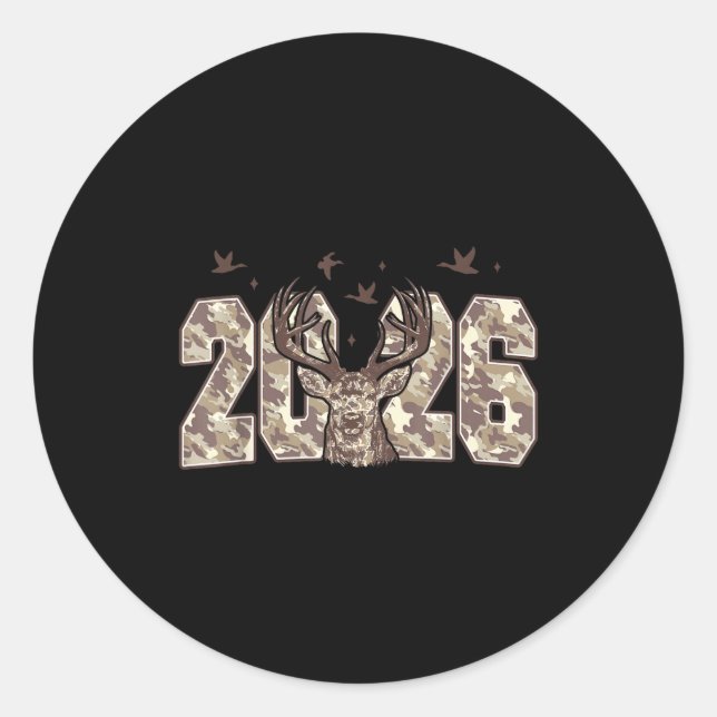 Happy New Year 2026 Deer Buck Hunting Camo Camoufl Classic Round Sticker (Front)
