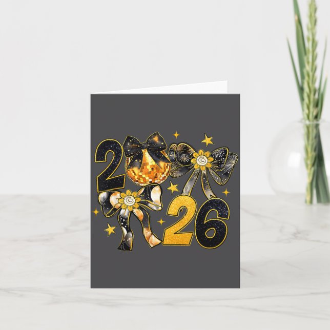 Happy New Year 2026 Disco Ball Coquette Bow New Ye Card (Front)
