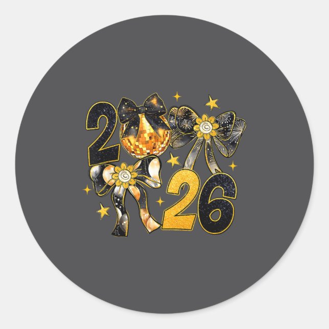 Happy New Year 2026 Disco Ball Coquette Bow New Ye Classic Round Sticker (Front)
