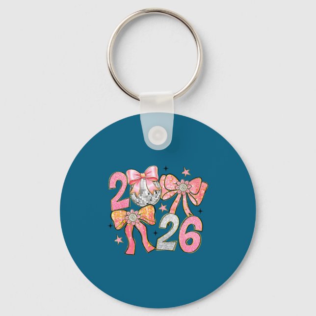 Happy New Year 2026 Disco Ball Coquette Bow New Ye Key Ring (Front)
