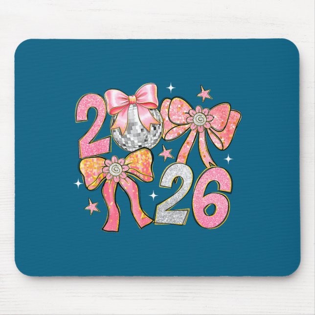 Happy New Year 2026 Disco Ball Coquette Bow New Ye Mouse Mat (Front)