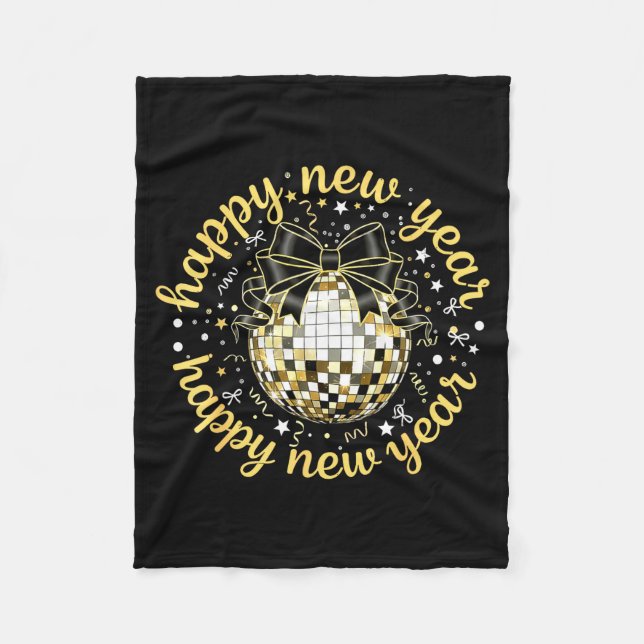Happy New Year 2026 Disco Ball Gold Bow Coquette C Fleece Blanket (Front)