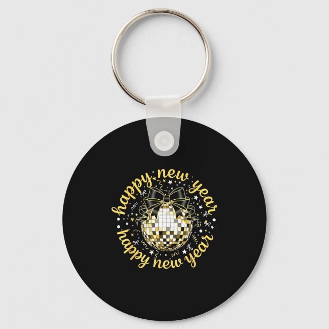 Happy New Year 2026 Disco Ball Gold Bow Coquette C Key Ring (Front)