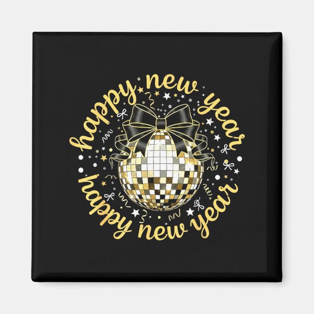 Happy New Year 2026 Disco Ball Gold Bow Coquette C Magnet (Front)