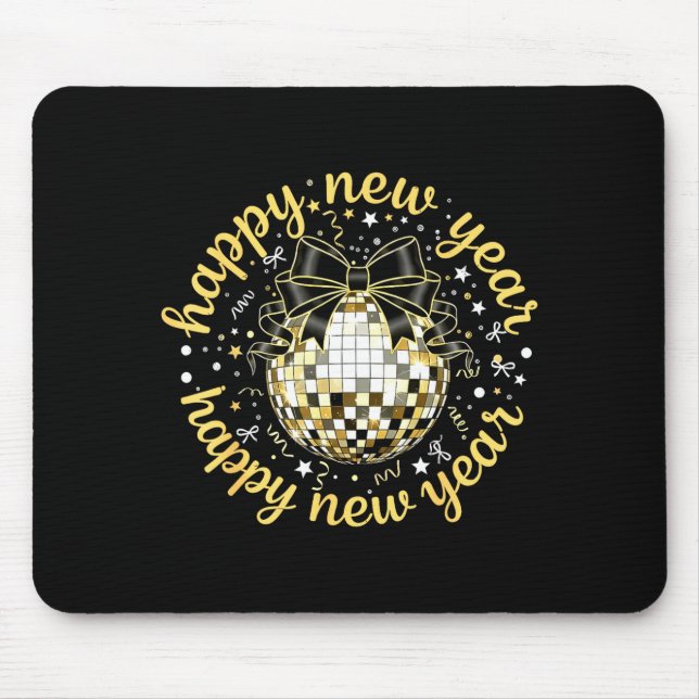 Happy New Year 2026 Disco Ball Gold Bow Coquette C Mouse Mat (Front)